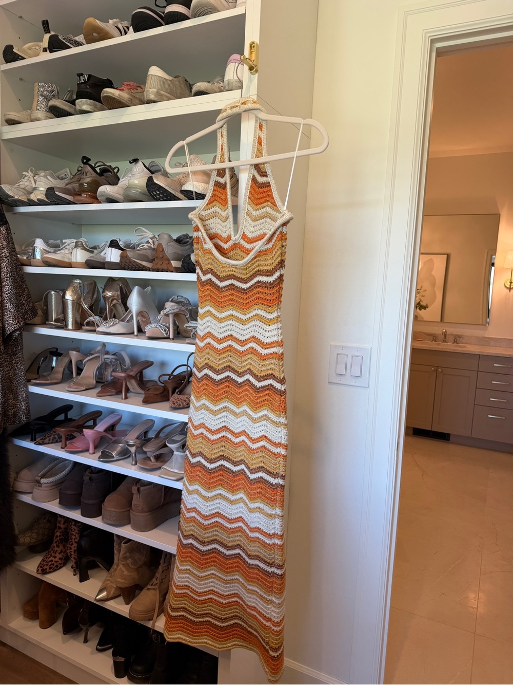 Vici Multicolor Chevron Knit Midi Dress - White, Yellow, Orange, Brown - Picture 5 of 6